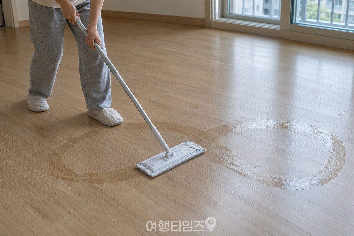 거실 마루에서 물걸레 밀대를 옆으로 누운 8자 모양으로 당기는 모습. / 기사 이해를 돕기 위한 생성형 이미지