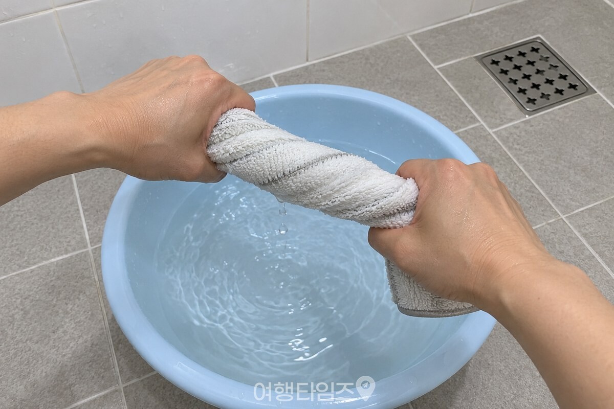 깨끗한 욕실 바닥에서 물걸레를 손으로 단단히 짜는 모습. / 기사 이해를 돕기 위한 생성형 이미지