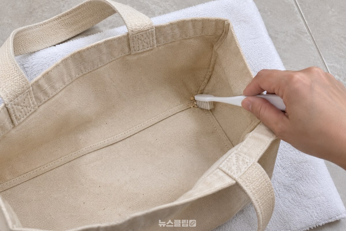 가방 안쪽 솔기를 따라 부드러운 칫솔로 작은 부스러기를 쓸어 내는 모습. / 기사 이해를 돕기 위한 생성형 이미지