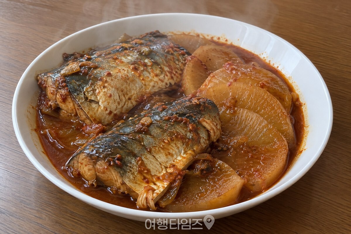 양념이 자작한 고등어조림과 얇게 익은 무를 그릇에 담아 낸 모습. / 기사 이해를 돕기 위한 생성형 이미지