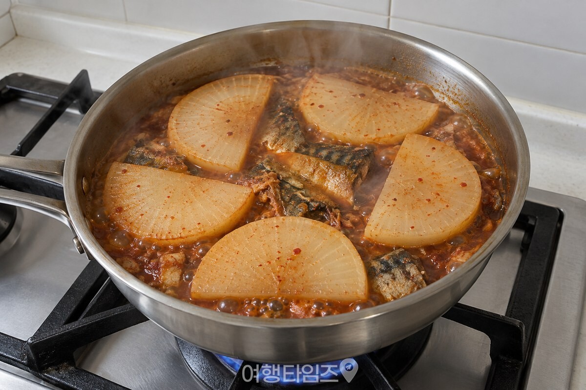 고등어 위에 얇은 무를 겹치지 않게 올려 김이 빠져나갈 틈을 남긴 냄비. / 기사 이해를 돕기 위한 생성형 이미지