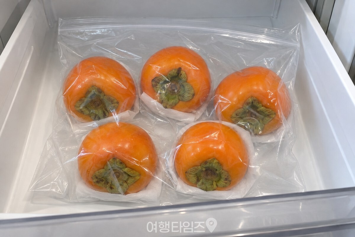 냉장고 채소 칸 앞에서 꼭지가 아래를 향하도록 봉투에 담아 둔 단감들 / 기사 이해를 돕기 위한 생성형 이미지