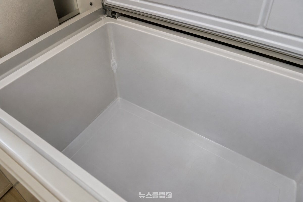김치통을 비운 뚜껑형 김치냉장고의 안쪽 벽 한 곳에 붙은 얇은 성에. / 기사 이해를 돕기 위한 생성형 이미지