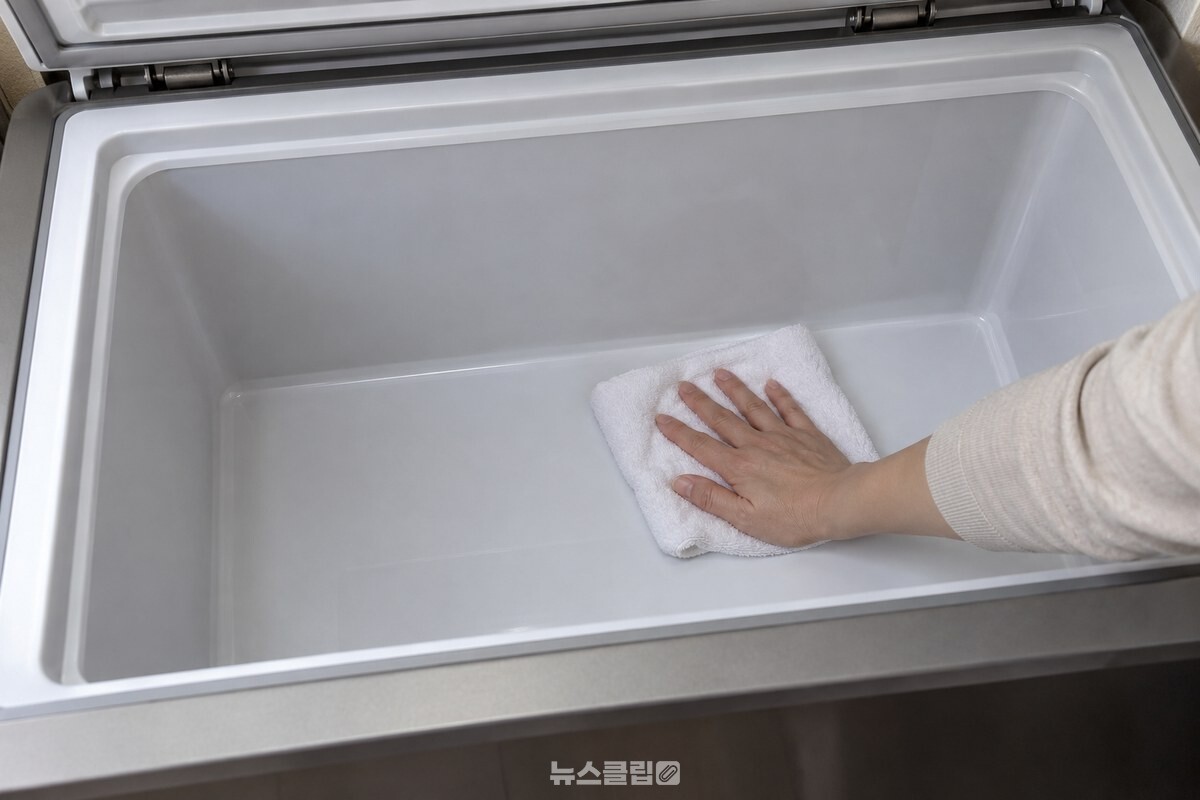 마른 흰 수건으로 비운 김치냉장고 칸의 바닥과 벽을 닦는 모습. / 기사 이해를 돕기 위한 생성형 이미지