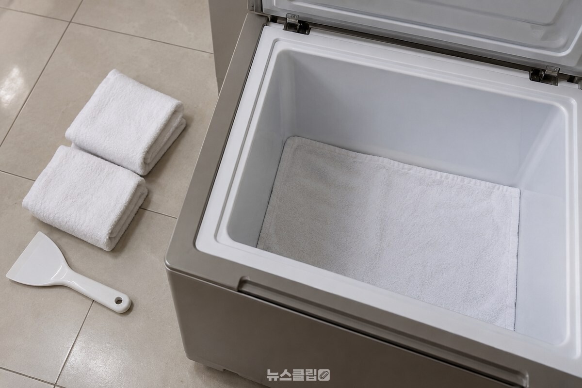 비운 김치냉장고 옆에 플라스틱 주걱과 마른 수건을 준비한 모습. / 기사 이해를 돕기 위한 생성형 이미지