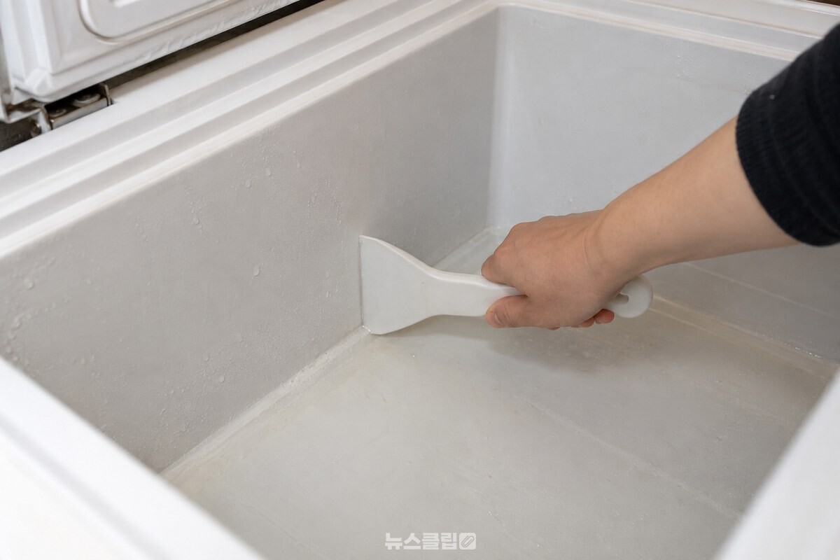 플라스틱 주걱을 김치냉장고 안쪽 벽에 낮게 대고 천천히 미는 손. / 기사 이해를 돕기 위한 생성형 이미지