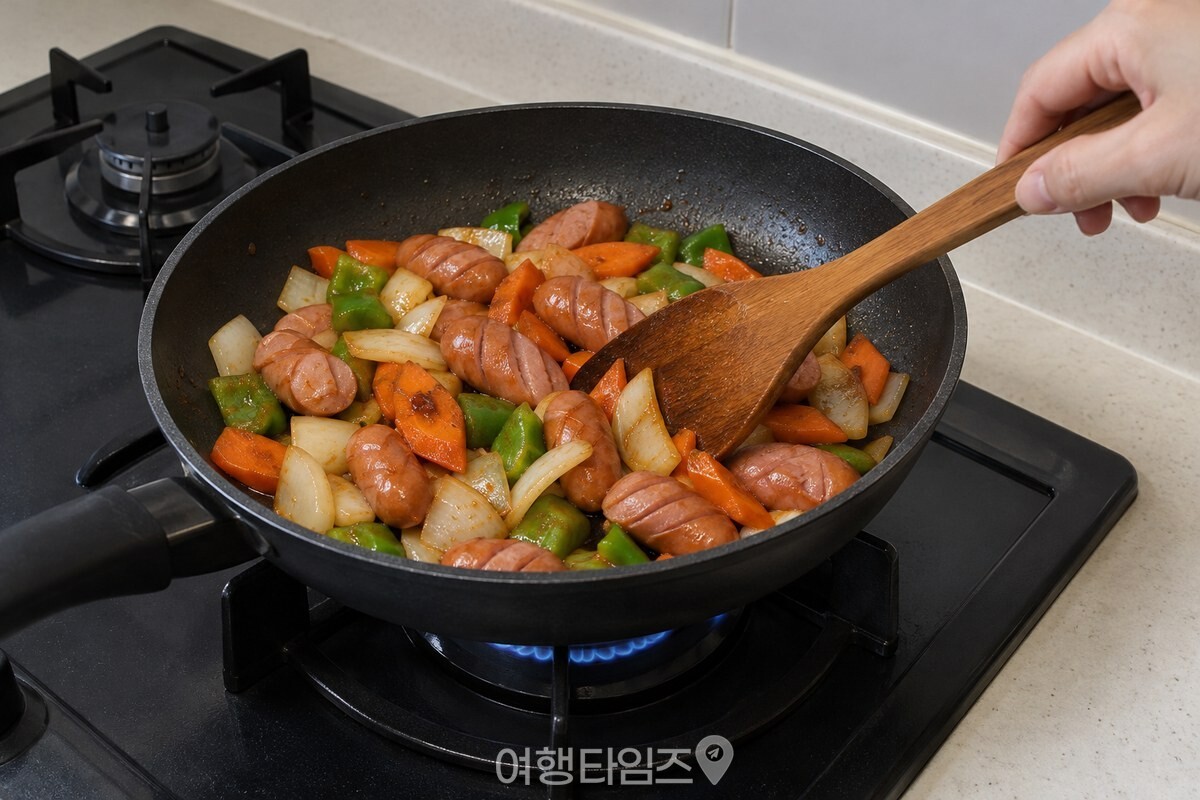 약한 불의 팬에서 진간장을 먼저 넣은 소시지와 채소를 주걱으로 볶고 있다. / 기사 이해를 돕기 위한 생성형 이미지