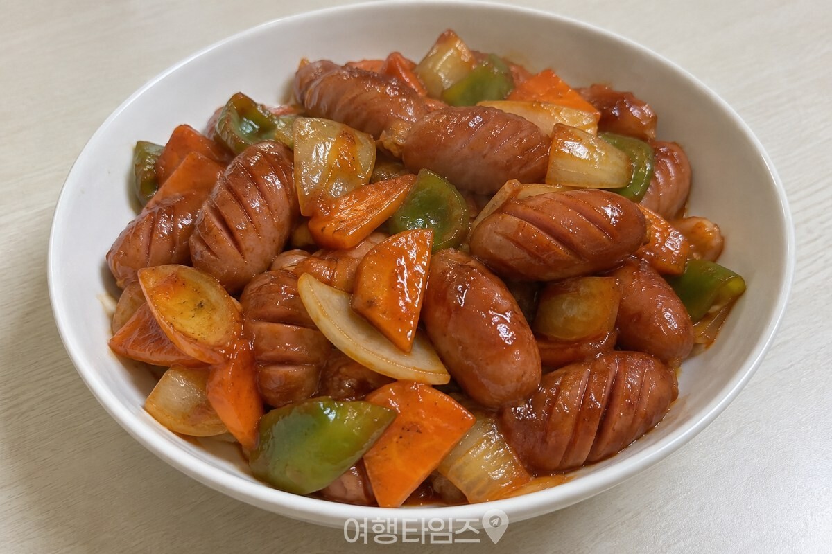 따뜻한 소시지야채볶음이 흰 반찬 그릇에 담겨 식탁 위에 놓여 있다. / 기사 이해를 돕기 위한 생성형 이미지