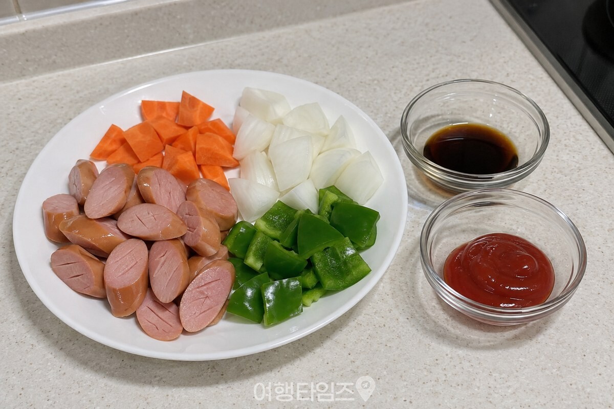 칼집 낸 소시지와 썬 채소, 따로 덜어 둔 진간장과 케첩이 조리대에 준비돼 있다. / 기사 이해를 돕기 위한 생성형 이미지