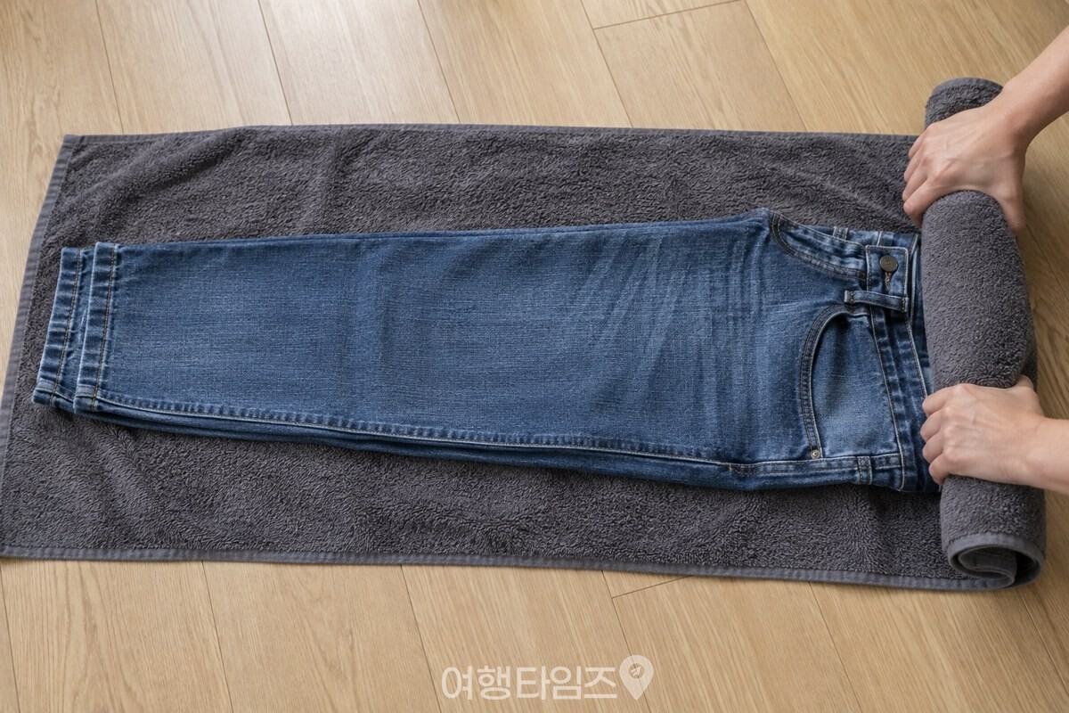 마른 수건과 청바지를 허리 쪽부터 밑단 방향으로 단단히 말아 가는 손의 모습이다. / 기사 이해를 돕기 위한 생성형 이미지