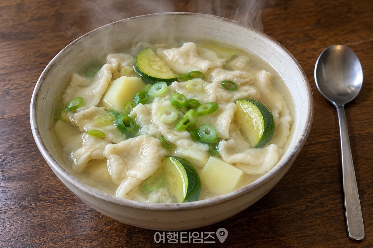 김이 오르는 수제비가 맑은 국물과 함께 한 그릇에 담겨 있다. / 기사 이해를 돕기 위한 생성형 이미지