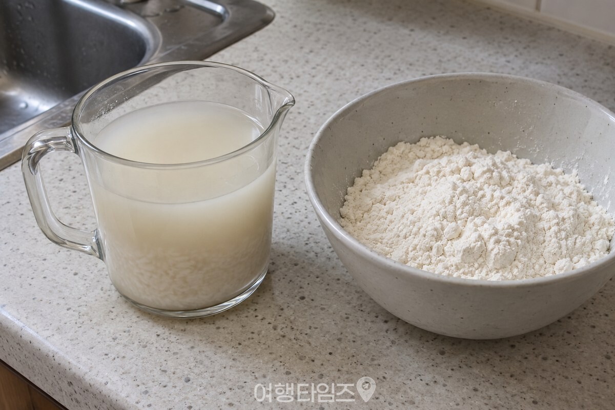 하얀 앙금이 섞인 막걸리를 계량컵에 담아 반죽 재료 옆에 놓았다. / 기사 이해를 돕기 위한 생성형 이미지
