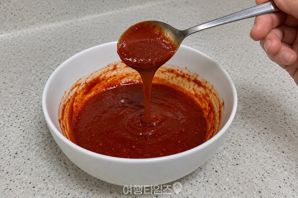 사이다를 섞은 붉은 양념장이 숟가락에서 천천히 흘러내린다. / 기사 이해를 돕기 위한 생성형 이미지