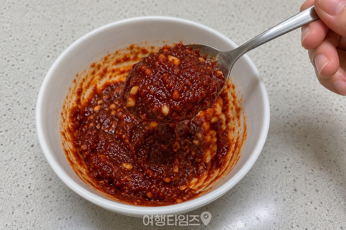 흰 양념 볼 안에서 되직한 고추장 양념이 숟가락에 붙어 있다. / 기사 이해를 돕기 위한 생성형 이미지