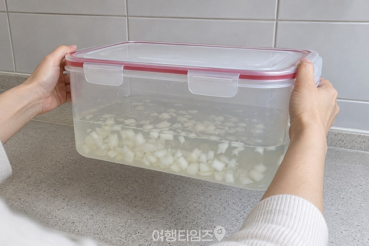 뚜껑을 닫은 김치통을 양손으로 잡고 양파 물이 퍼지도록 흔드는 모습. / 기사 이해를 돕기 위한 생성형 이미지