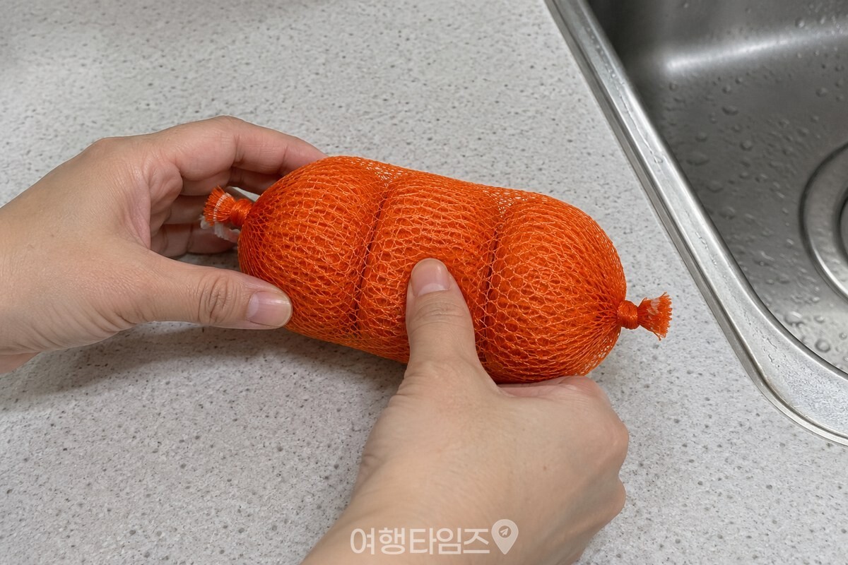 완성된 양파망 설거지 뭉치를 손바닥으로 눌러 단단한 모양을 확인하고 있다. / 기사 이해를 돕기 위한 생성형 이미지