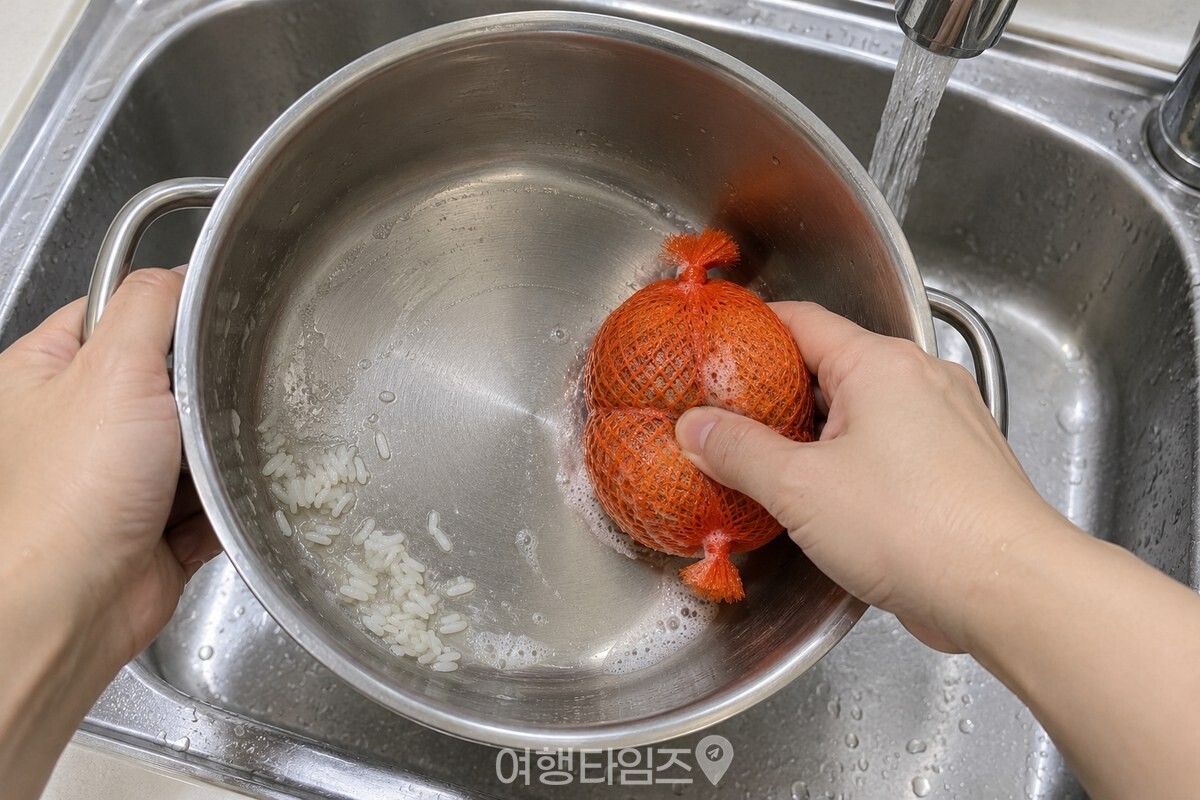 깨끗한 싱크대에서 손이 양파망 설거지 뭉치로 스테인리스 냄비 바닥을 닦고 있다. / 기사 이해를 돕기 위한 생성형 이미지