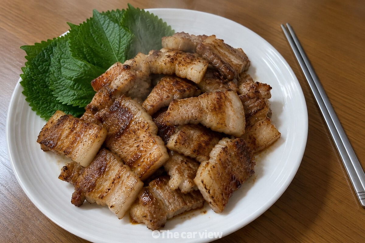 노릇하게 구운 된장 양념 삼겹살을 깻잎과 함께 담은 한 접시. / 기사 이해를 돕기 위한 생성형 이미지