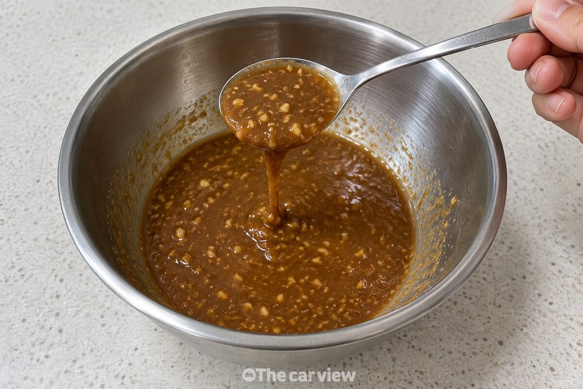 된장, 맛술, 다진 마늘 등을 고루 섞어 숟가락에서 천천히 흐르는 양념. / 기사 이해를 돕기 위한 생성형 이미지