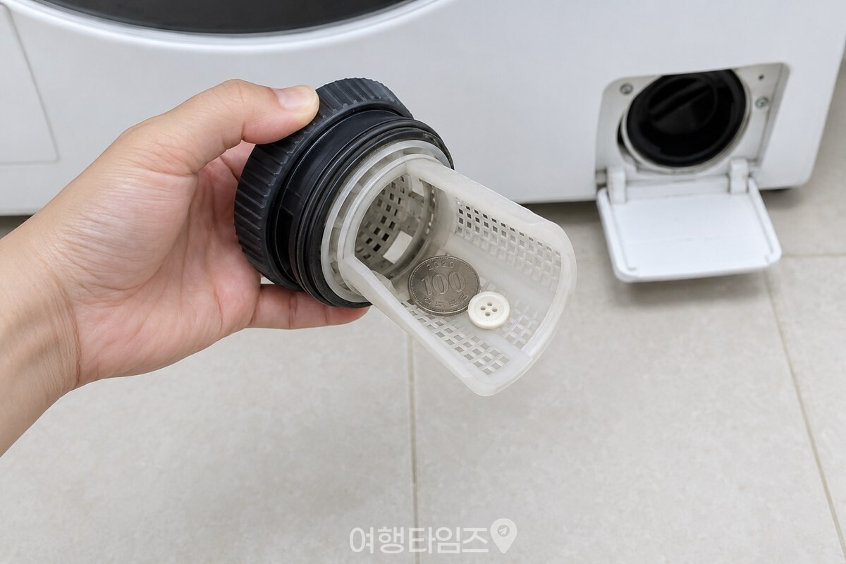배수필터 망 안쪽에 동전과 단추가 걸려 있는 가까운 모습. / 기사 이해를 돕기 위한 생성형 이미지