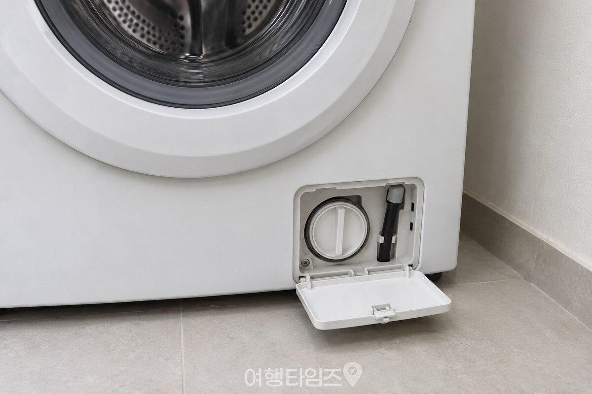 드럼세탁기 앞면 아래 덮개를 열어 배수필터와 잔수 제거호스가 보이는 모습. / 기사 이해를 돕기 위한 생성형 이미지
