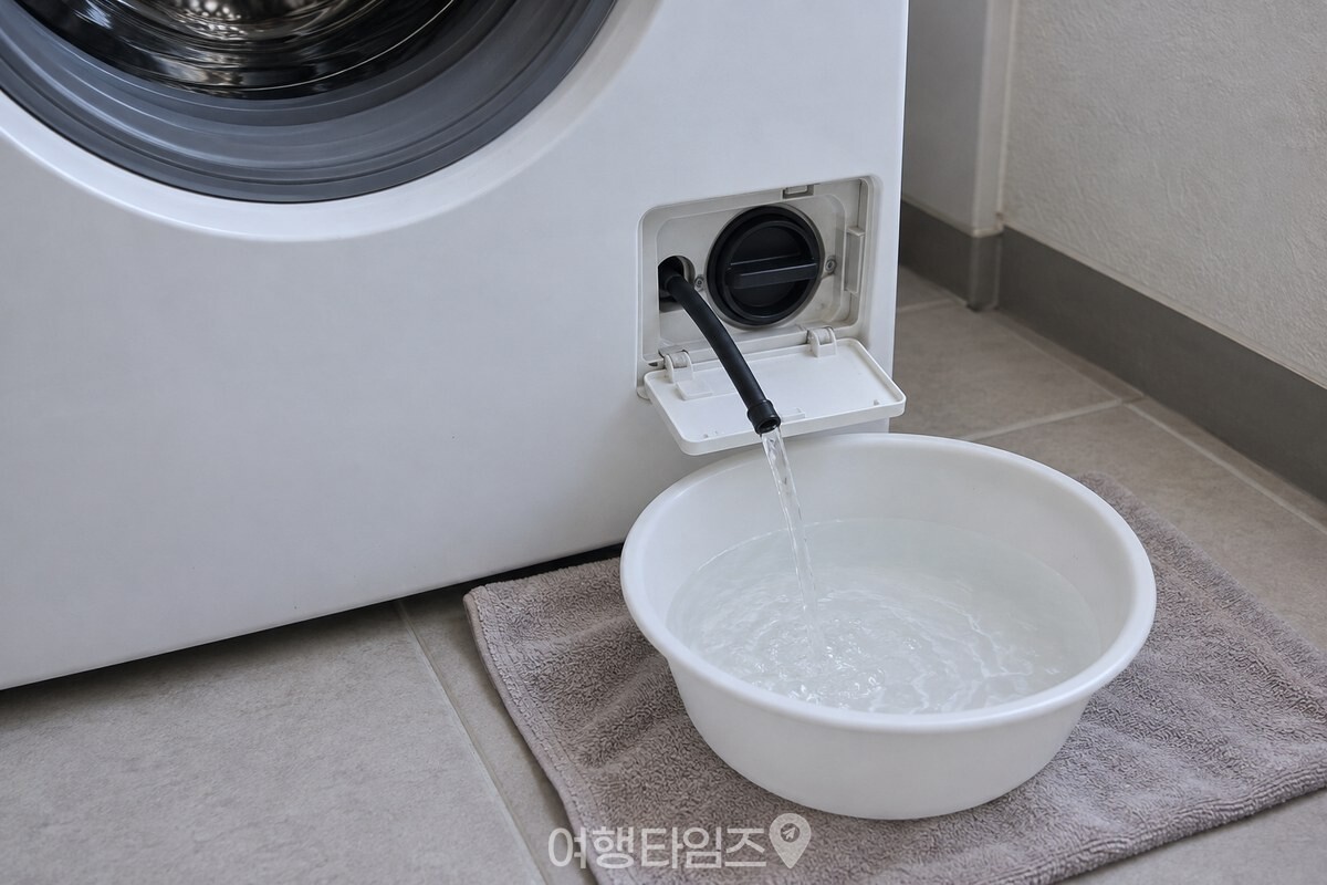 잔수 제거호스 끝을 낮은 대야에 넣어 남은 물을 받는 모습. / 기사 이해를 돕기 위한 생성형 이미지