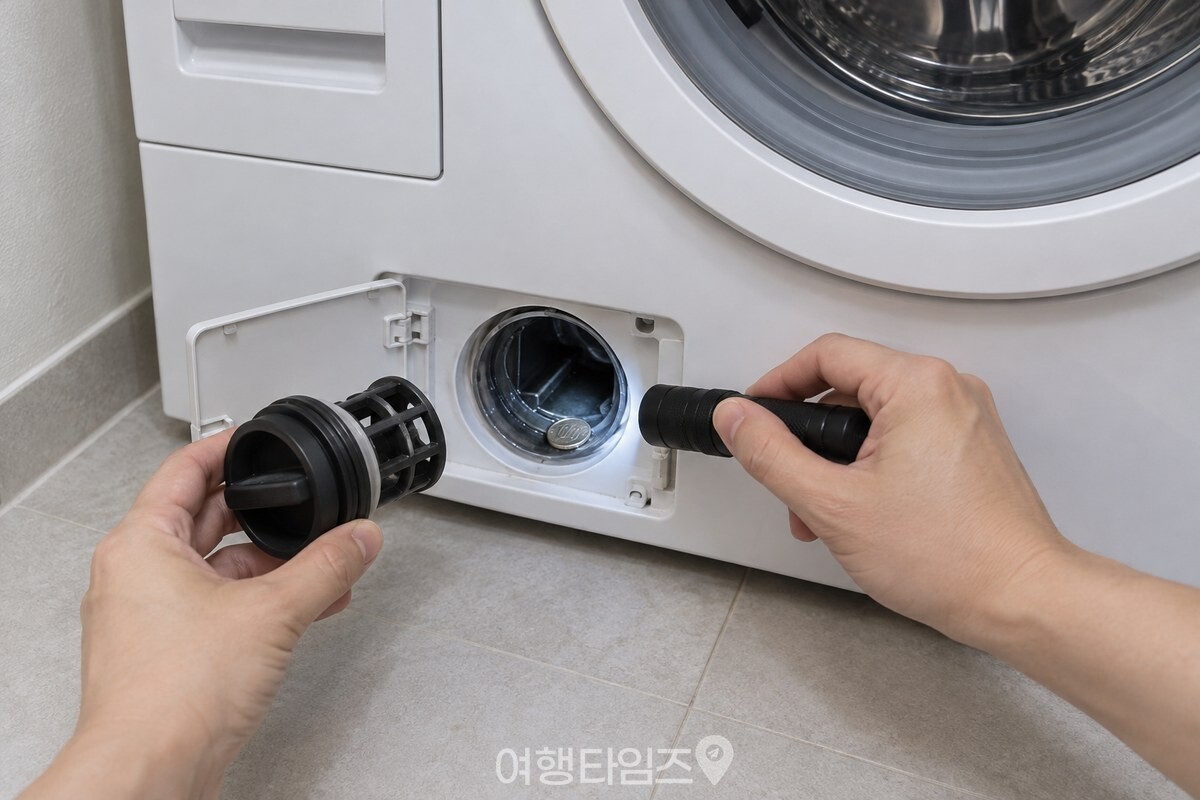 손전등으로 배수필터가 빠진 안쪽을 비추며 남은 동전을 확인하는 모습. / 기사 이해를 돕기 위한 생성형 이미지