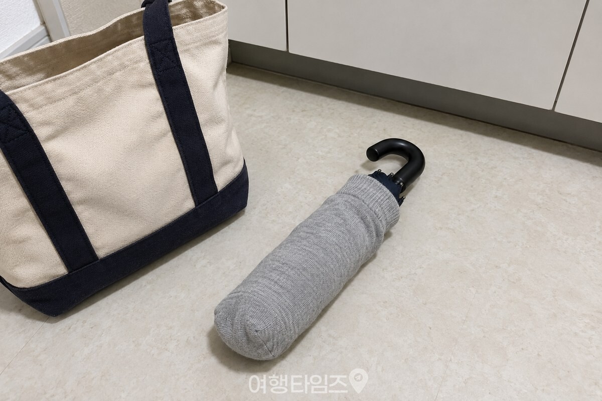 깨끗한 회색 양말을 씌운 접이식 우산이 가방 옆에 놓여 있다. / 기사 이해를 돕기 위한 생성형 이미지