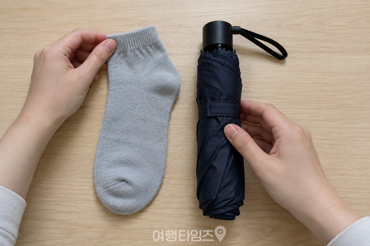 마른 양말과 접이식 우산을 나란히 놓고 길이를 비교하고 있다. / 기사 이해를 돕기 위한 생성형 이미지
