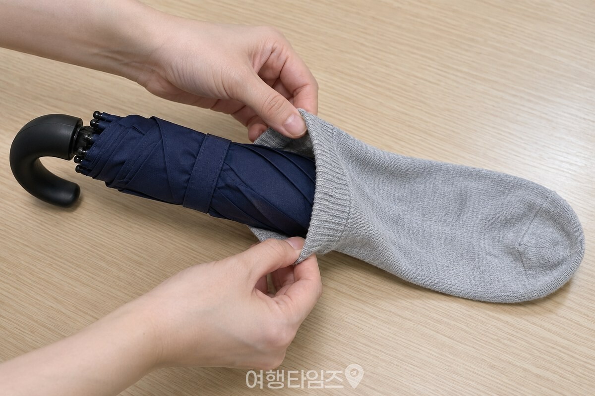 양말 입구를 벌려 접은 우산 끝부터 손잡이 쪽으로 씌우고 있다. / 기사 이해를 돕기 위한 생성형 이미지