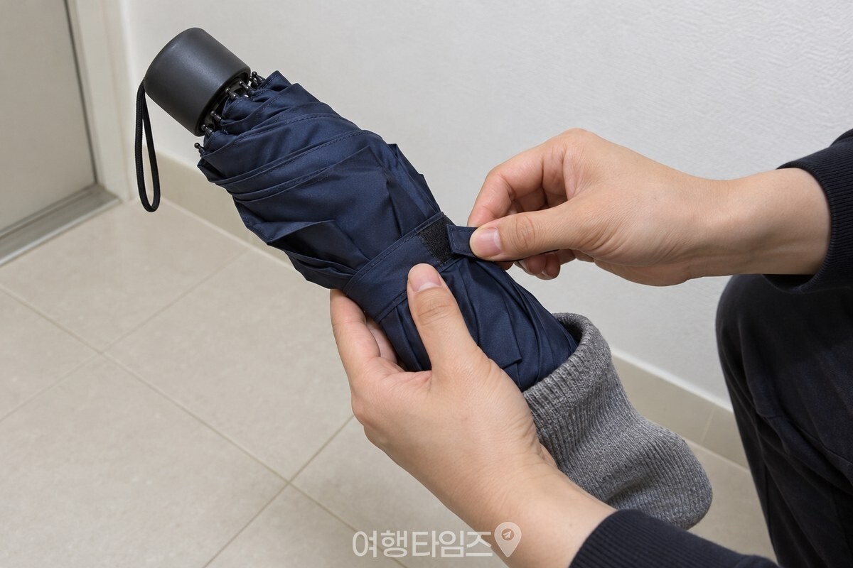 완전히 말린 접이식 우산을 주름대로 접어 끈으로 묶고 있다. / 기사 이해를 돕기 위한 생성형 이미지