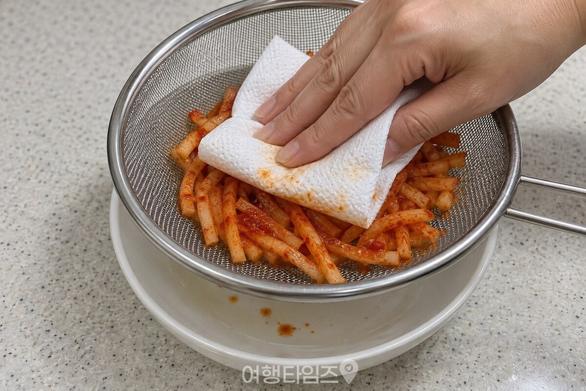 체 위의 무말랭이무침을 키친타월로 가볍게 눌러 물기를 덜어 내는 모습. / 기사 이해를 돕기 위한 생성형 이미지