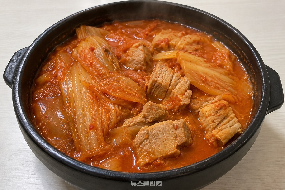 된장을 풀어 끓여낸 묵은지 돼지고기 김치찜이 냄비에 담겨 있다. / 기사 이해를 돕기 위한 생성형 이미지