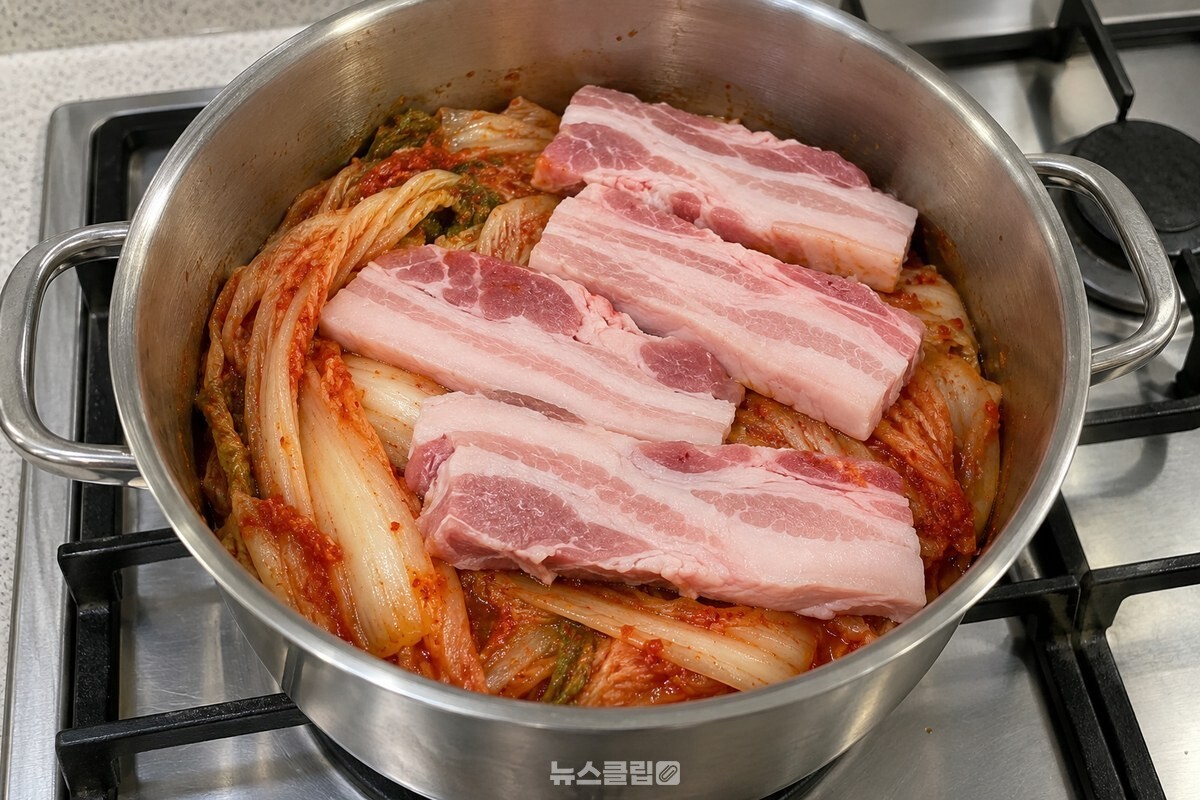 통째로 올린 배추김치 위에 돼지고기를 깔아 둔 냄비 재료가 보인다. / 기사 이해를 돕기 위한 생성형 이미지