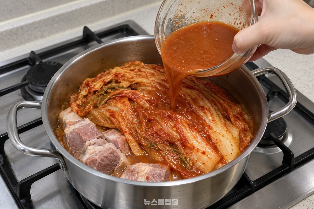 된장을 푼 김칫국물을 통김치 위에 고르게 붓고 있다. / 기사 이해를 돕기 위한 생성형 이미지