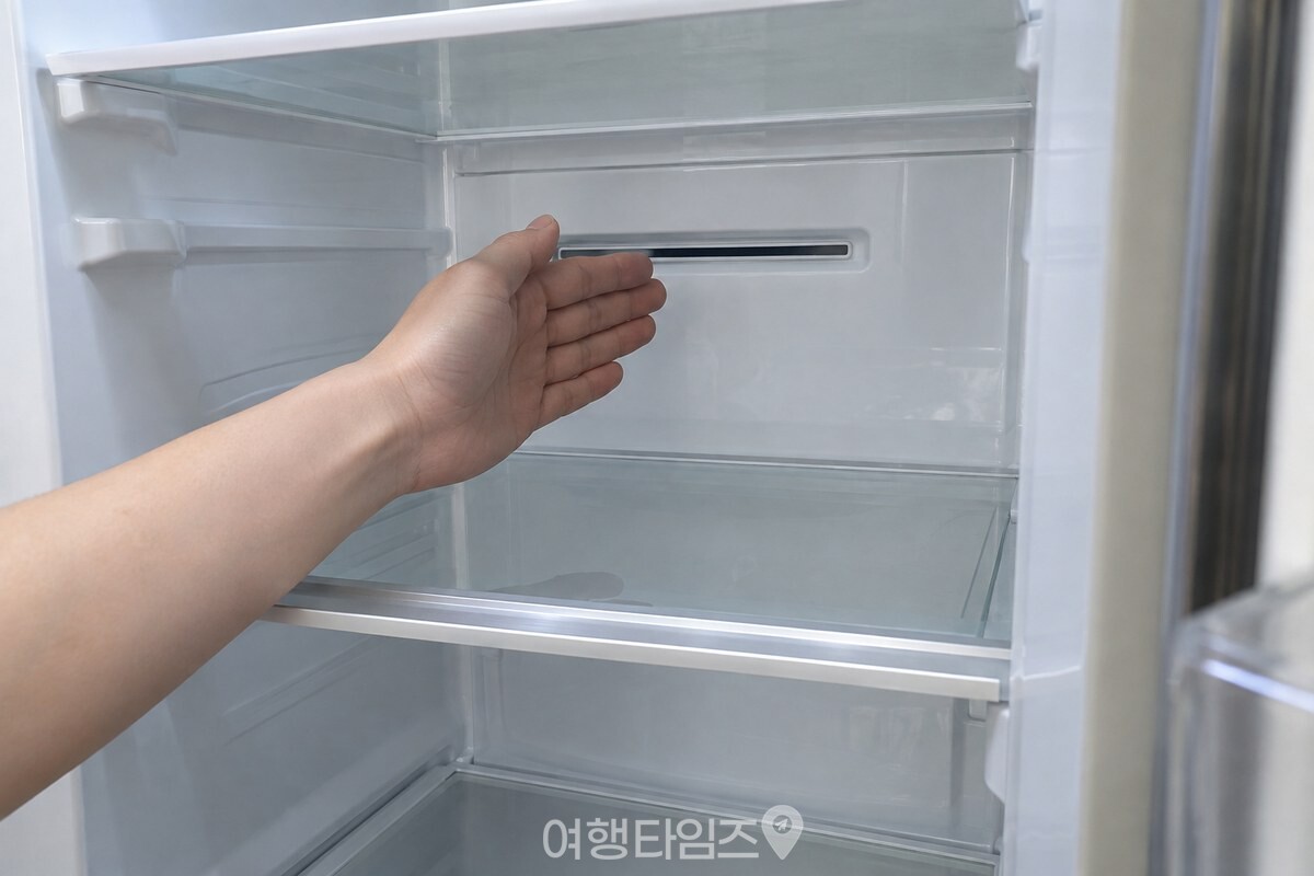 냉장실 뒤쪽 벽의 냉기 구멍 위치를 손으로 확인하는 모습 / 기사 이해를 돕기 위한 생성형 이미지