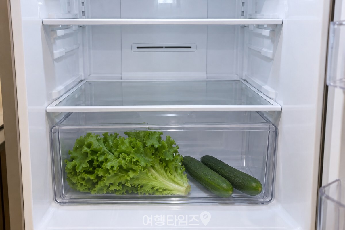 냉장실 선반 뒤쪽 냉기 구멍 앞을 비우고 채소를 아래 채소칸에 넣어 둔 모습 / 기사 이해를 돕기 위한 생성형 이미지