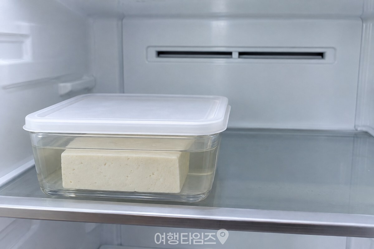 선반 앞쪽에 놓인 밀폐 두부 용기와 뒤쪽 냉기 구멍 사이의 거리를 보여 주는 모습 / 기사 이해를 돕기 위한 생성형 이미지