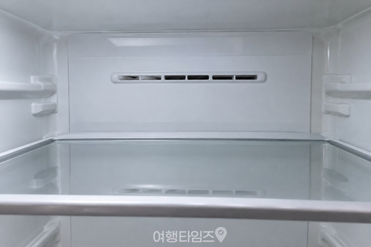 냉장실 안쪽 벽의 냉기 구멍과 그 앞의 비워 둔 선반을 가까이에서 본 모습 / 기사 이해를 돕기 위한 생성형 이미지