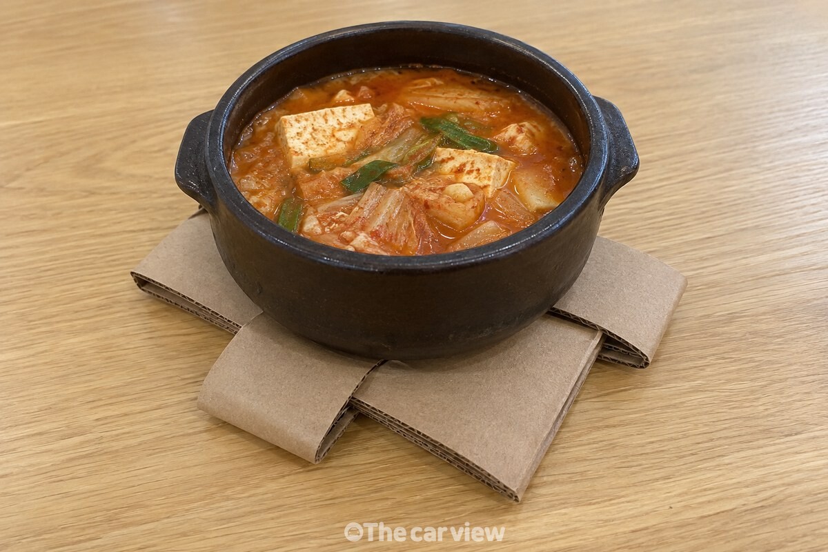 같은 크기의 종이 커피컵 홀더 네 개를 맞물려 만든 받침 위에 뚝배기를 올려 둔 모습. / 기사 이해를 돕기 위한 생성형 이미지