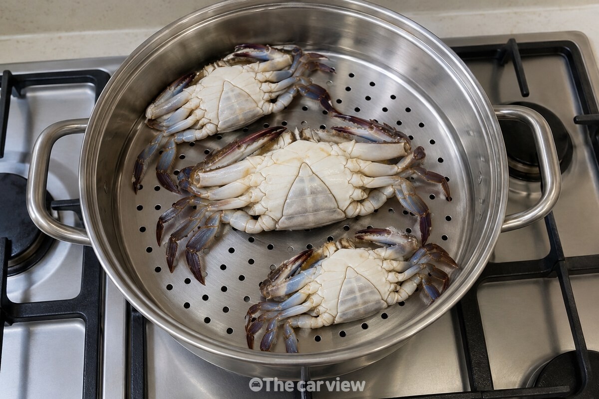 찜기 위에 배딱지가 위로 보이도록 꽃게를 서로 겹치지 않게 놓은 모습. / 기사 이해를 돕기 위한 생성형 이미지