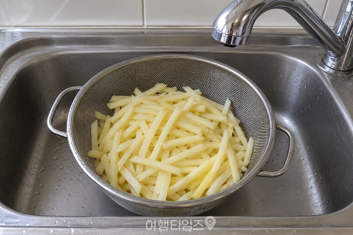 찬물에 헹군 도톰한 감자채가 체에 담겨 있다. / 기사 이해를 돕기 위한 생성형 이미지