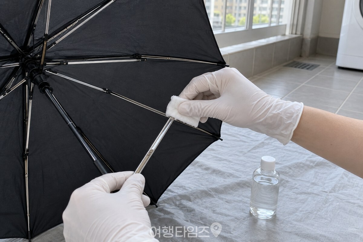 아세톤을 적신 천으로 우산살을 따라 닦는 모습 / 기사 이해를 돕기 위한 생성형 이미지