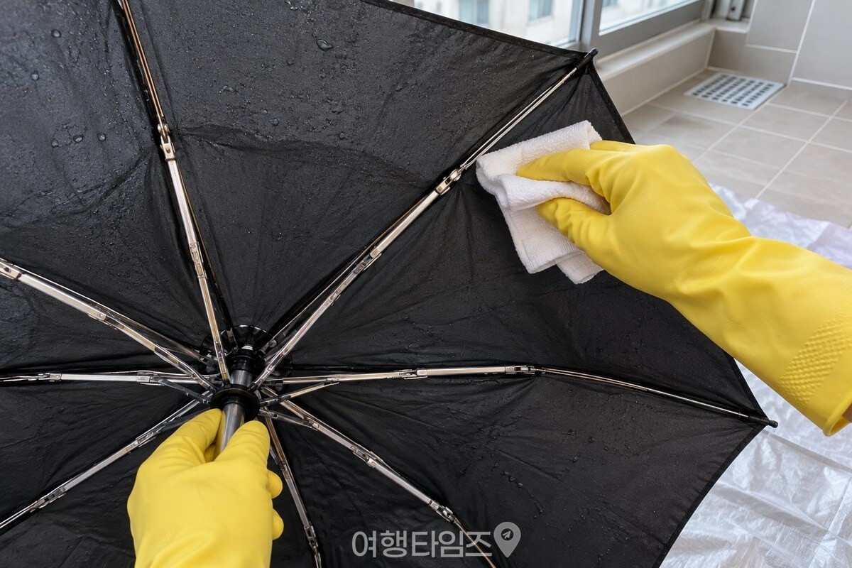 우산 천에 닿는 살대 윗면을 천으로 닦는 모습 / 기사 이해를 돕기 위한 생성형 이미지