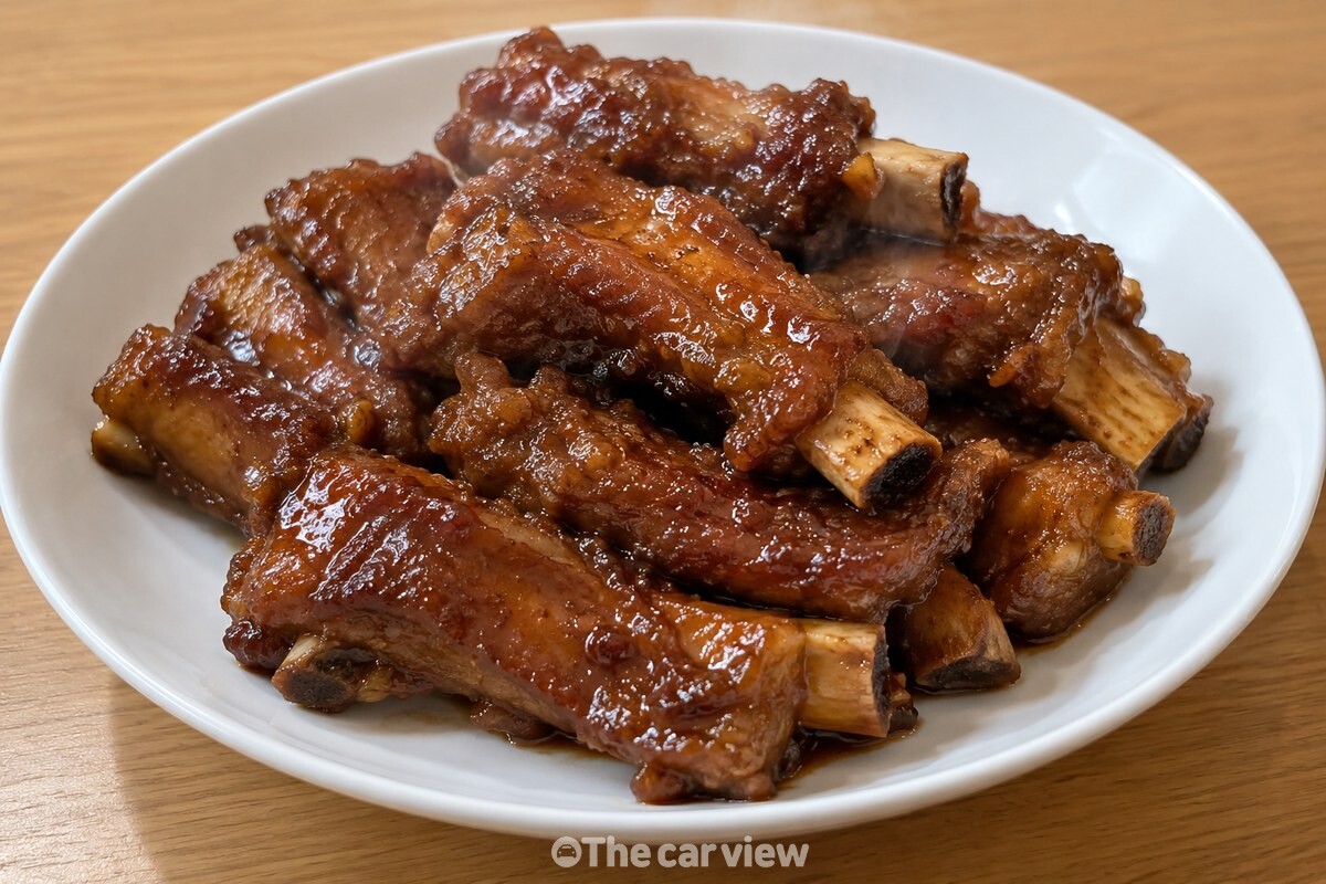 간장 양념이 윤기 있게 졸아든 완성 등갈비찜이 흰 접시에 담겨 있다. / 기사 이해를 돕기 위한 생성형 이미지