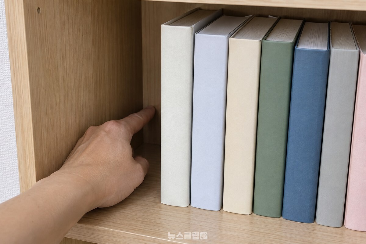 책 뒤판과 책 사이에 손가락이 들어갈 틈을 남긴 책장 선반. / 기사 이해를 돕기 위한 생성형 이미지