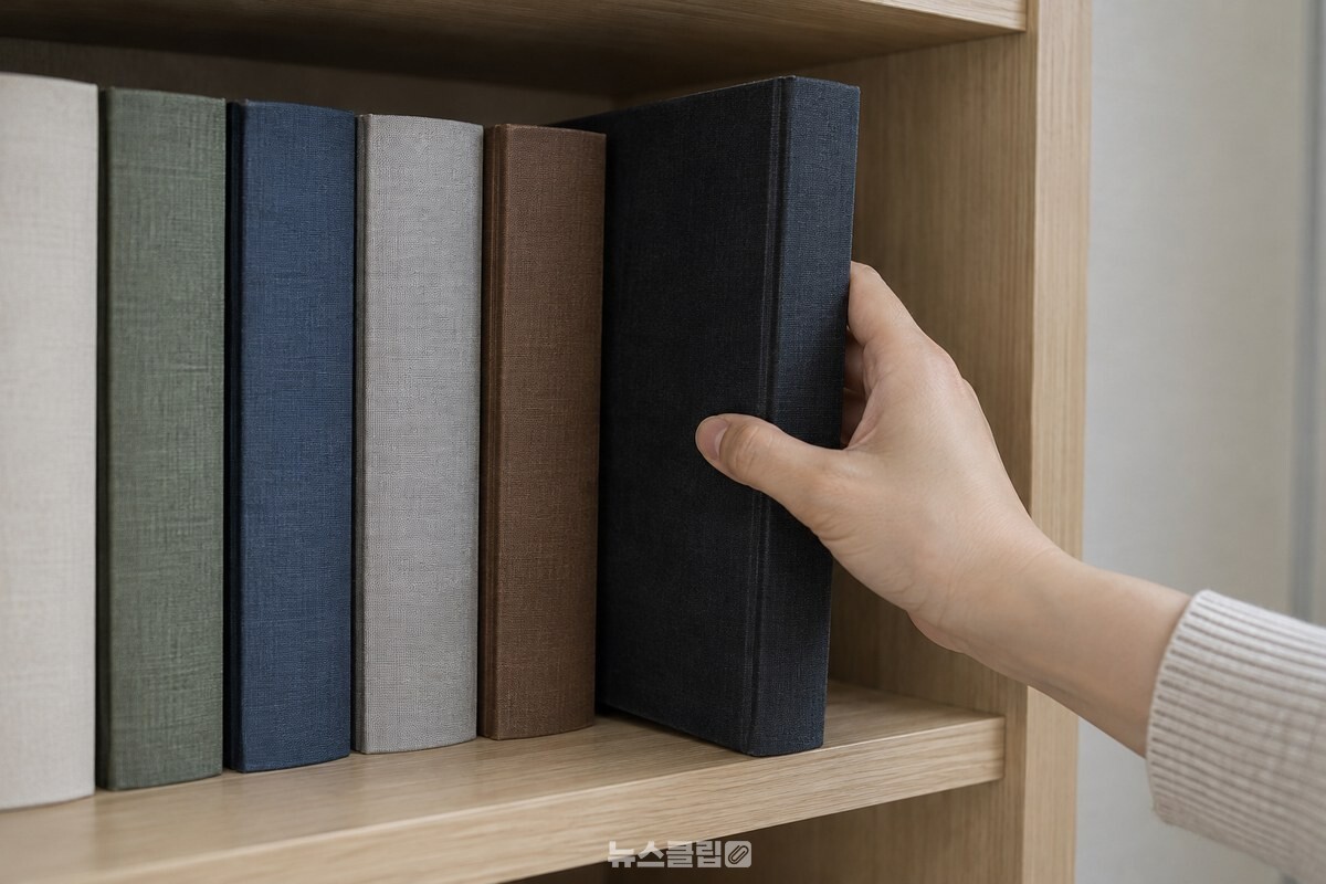 손으로 양장본을 반듯하게 세워 책장 칸에 넣는 모습. / 기사 이해를 돕기 위한 생성형 이미지