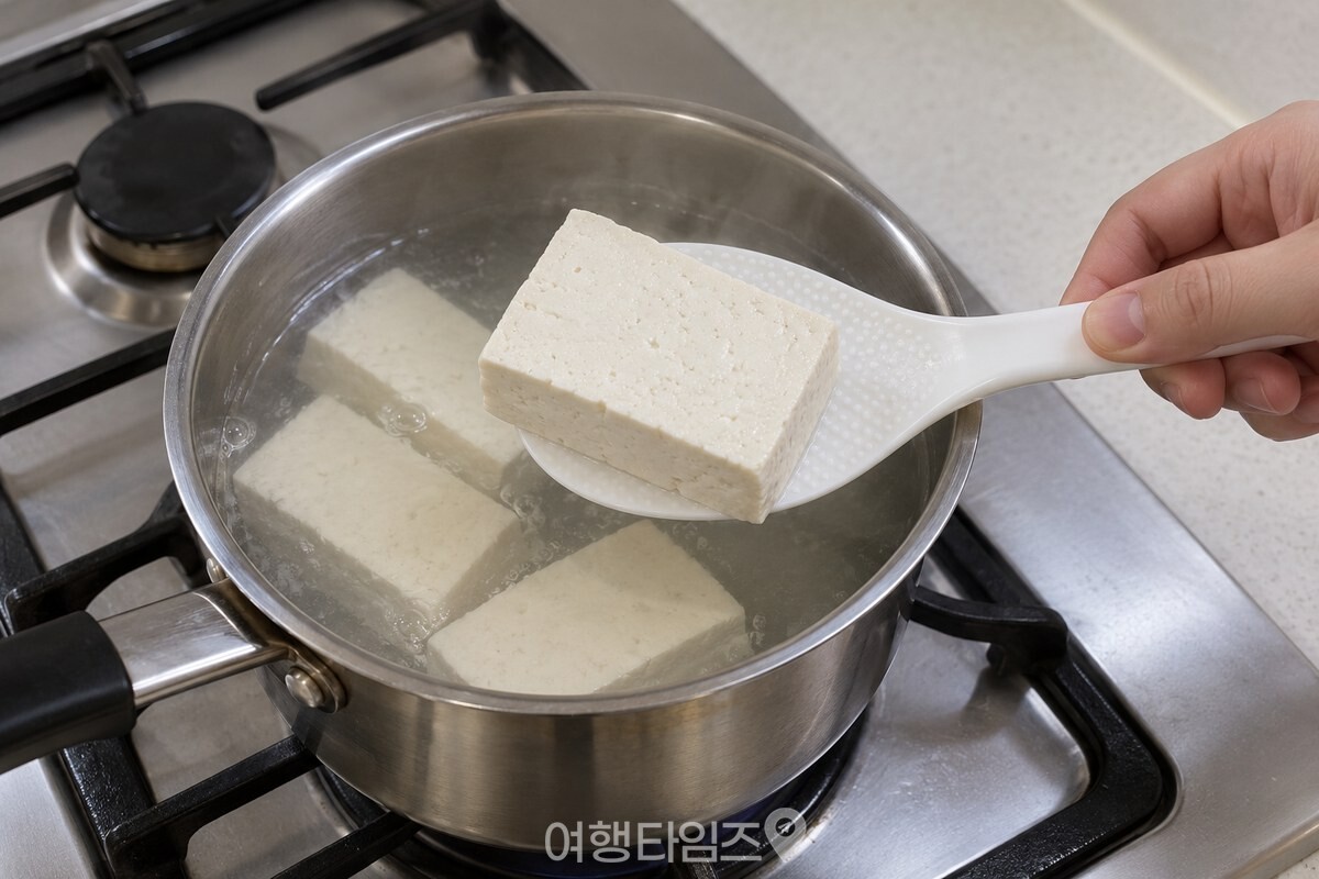 끓는 물에 데친 두부 조각을 흰 플라스틱 주걱으로 건져 내고 있습니다. / 기사 이해를 돕기 위한 생성형 이미지