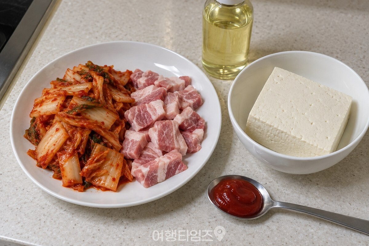 김치와 두부, 돼지고기, 식용유, 케첩을 조리 전 깨끗한 조리대에 준비한 모습입니다. / 기사 이해를 돕기 위한 생성형 이미지