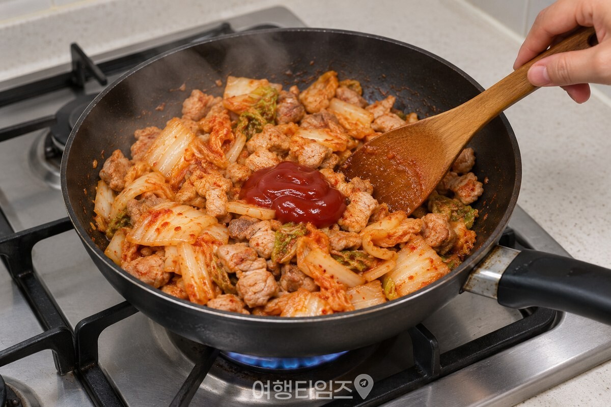 중불의 팬에서 익은 돼지고기와 김치에 케첩 한 스푼을 넣어 주걱으로 섞는 모습입니다. / 기사 이해를 돕기 위한 생성형 이미지